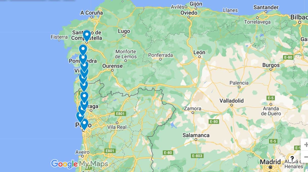 Camino Portugues route kaart