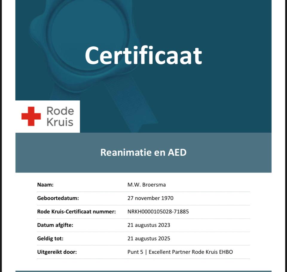 Certificaat Rode Kruis - reanimatie en AED